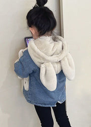 Modern Blue Hooded Zippered Patchwork Warm Fleece Girls Coat Long Sleeve