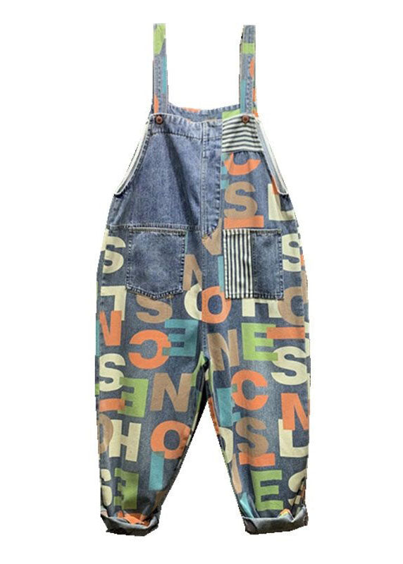 Modern Blue Letter Print Patchwork Denim Wide Leg Jumpsuits Summer