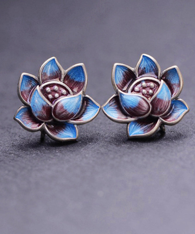 Modern Blue Lotus Sterling Silver Cloisonne Stud Earrings