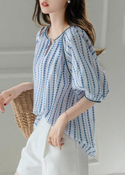 Modern Blue O-Neck Chiffon Print Shirts Puff Sleeve