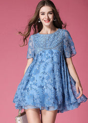 Modern Blue O-Neck Embroideried Organza Dresses Summer