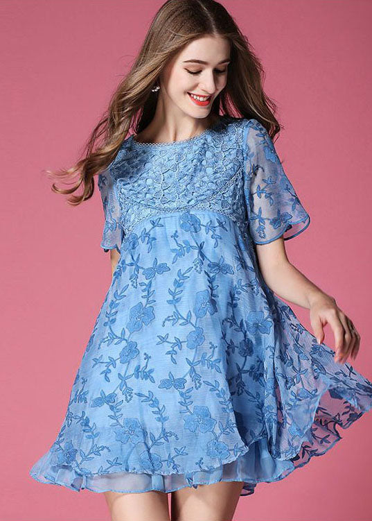 Modern Blue O-Neck Embroideried Organza Dresses Summer