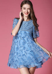 Modern Blue O-Neck Embroideried Organza Dresses Summer