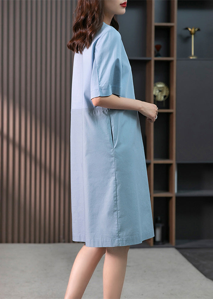 Modern Blue O-Neck Patchwork Cotton Maxi Dresses Short Sleeve