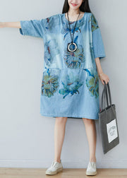 Modern Blue O Neck Print Cotton Dresses Summer