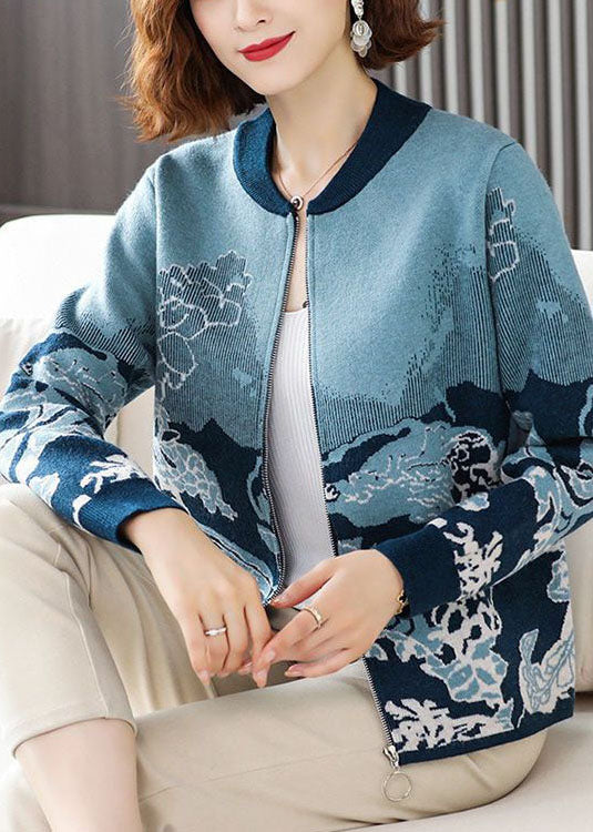 Modern Blue O-Neck Zip Up Print Knit Jackets Long Sleeve