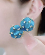 Modern Blue Overgild Zircon Cat's Eye Stone Floral Stud Earrings