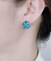 Modern Blue Overgild Zircon Cat's Eye Stone Floral Stud Earrings