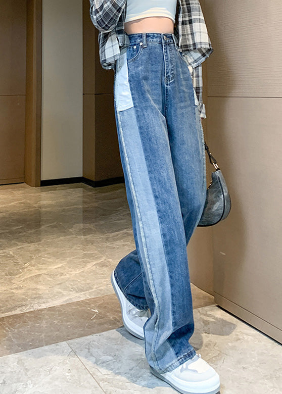 Modern Blue Patchwork High Waist Button Denim Straight Pants