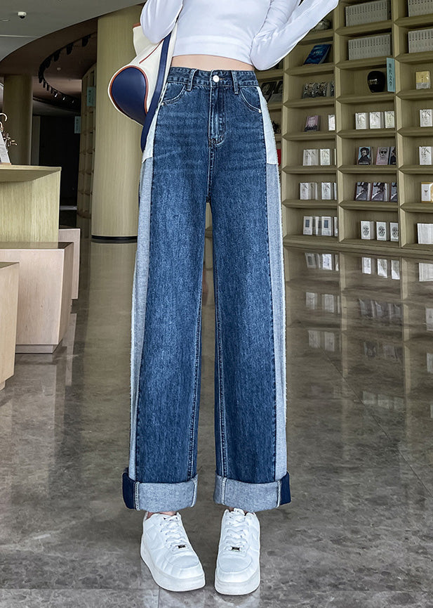 Modern Blue Patchwork High Waist Button Denim Straight Pants