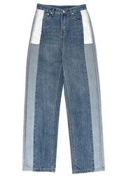 Modern Blue Patchwork High Waist Button Denim Straight Pants