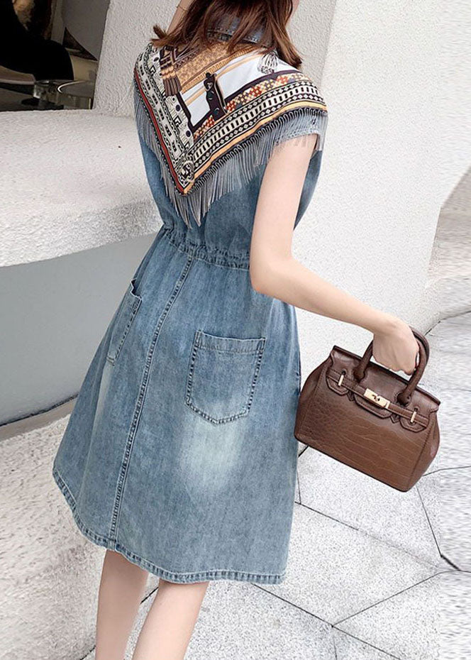 Modern Blue Peter Pan Collar Patchwork Drawstring Denim Mid Dress Short Sleeve