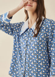 Modern Blue Peter Pan Collar Print Button Ice Silk Pajamas Two Pieces Set Long Sleeve