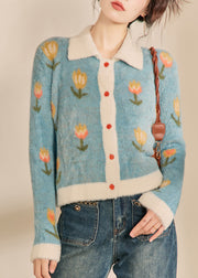 Modern Blue Peter Pan Collar Print Cotton Knit Cardigan Winter