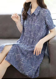 Modern Blue Peter Pan Collar Print Patchwork Chiffon Shirts Mid Dress Summer