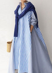 Modern Blue Peter Pan Collar Striped Cotton Dress Long Sleeve