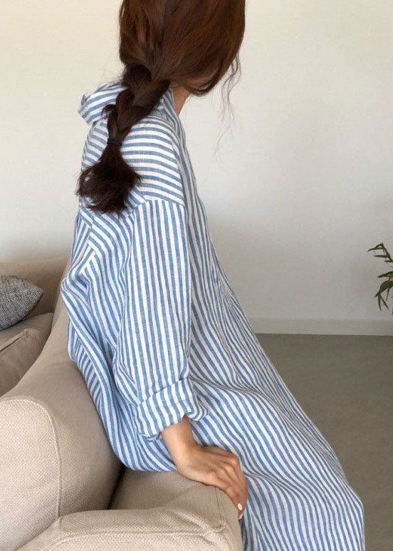 Modern Blue Peter Pan Collar Striped Cotton Shirts Dress Spring