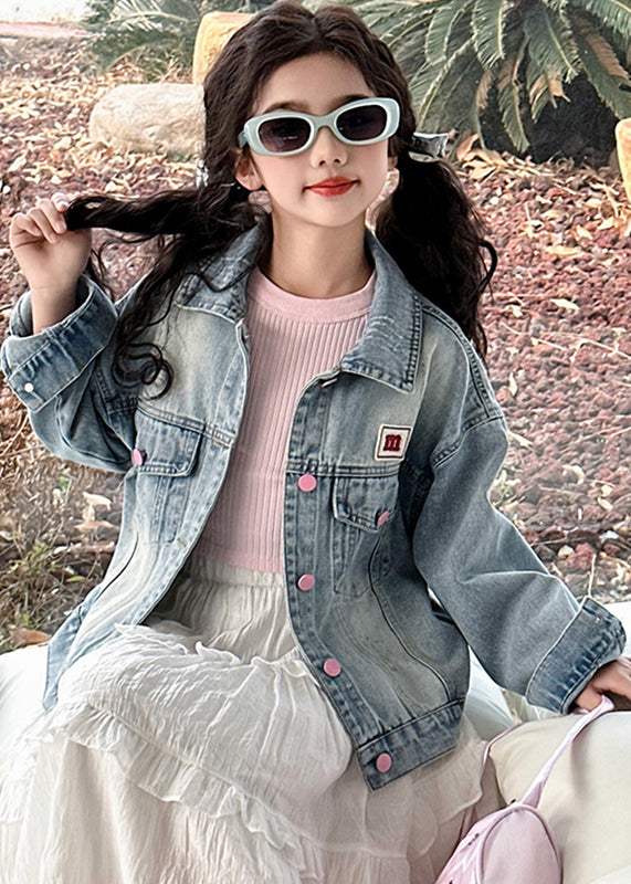 Modern Blue Pockets Button Bow Girls Denim Coat Fall