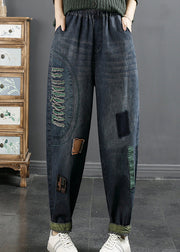 Modern Blue Pockets Elastic Waist Patchwork Jeans Fall