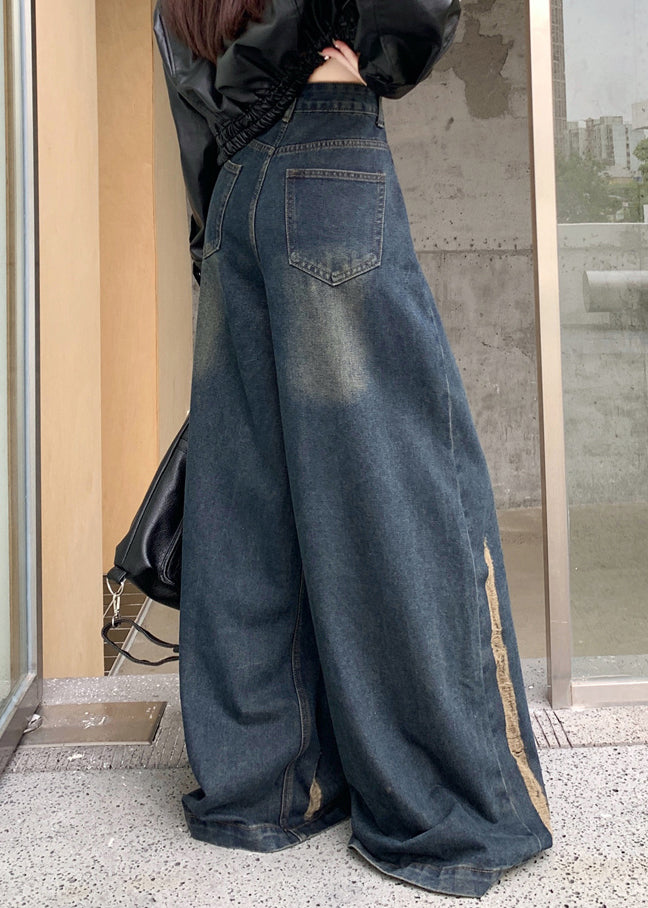 Modern Blue Pockets High Waist Denim Wide Leg Pants Fall