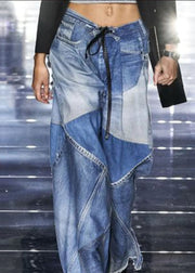 Modern Blue Pockets Patchwork Denim Wide Leg Pants Spring