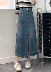 Modern Blue Pockets Side Open Patchwork Denim Skirts Fall