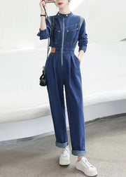 Modern Blue Pockets Zip Up Patchwork Denim Jumpsuit Fall