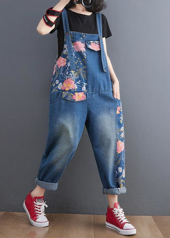 Modern Blue Print Patchwork Denim Straight Overalls Jumpsuit Spring