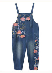 Modern Blue Print Patchwork Denim Straight Overalls Jumpsuit Spring