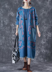 Modern Blue Print Patchwork Pockets Denim Maxi Dresses Fall