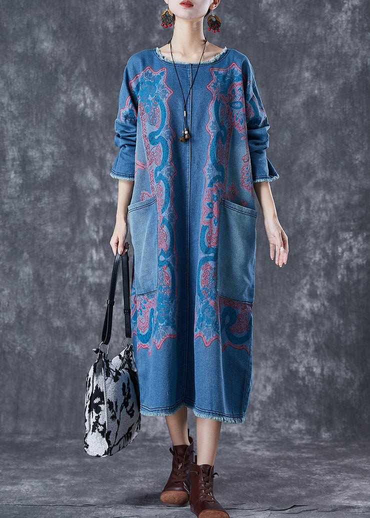 Modern Blue Print Patchwork Pockets Denim Maxi Dresses Fall