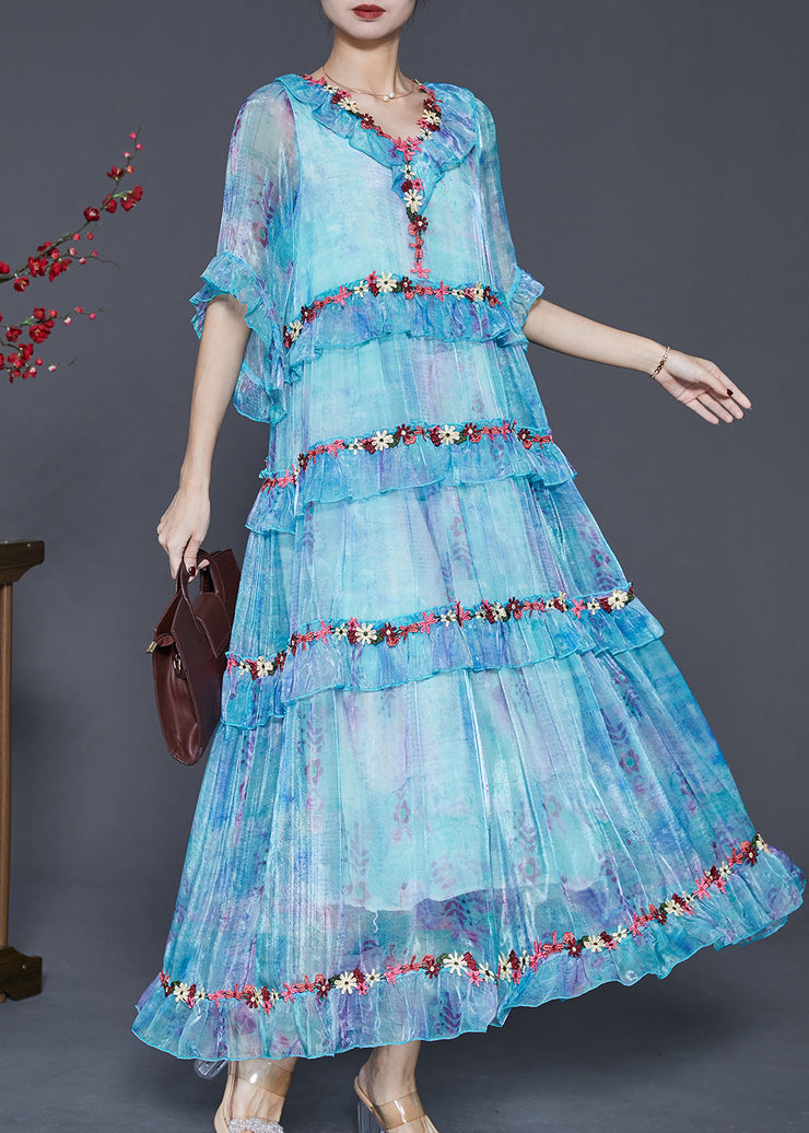 Modern Blue Ruffled Floral Chiffon Robe Dresses Spring