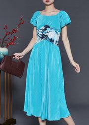 Modern Blue Silm Fit Patchwork Silk Dress Puff Sleeve