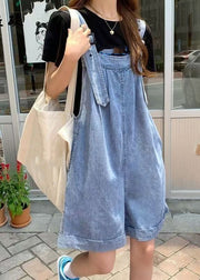 Modern Blue Slash Neck Pockets Patchwork Denim Jumpsuit Sleeveless