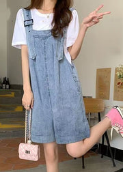 Modern Blue Slash Neck Pockets Patchwork Denim Jumpsuit Sleeveless