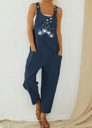 Modern Blue Slash Neck Print Overalls Jumpsuit Summer