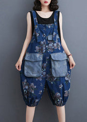 Modern Blue Slash Neck Print Patchwork Button Jumpsuits Summer