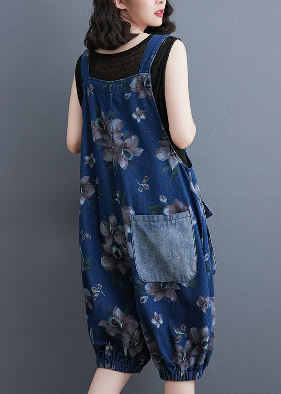 Modern Blue Slash Neck Print Patchwork Button Jumpsuits Summer