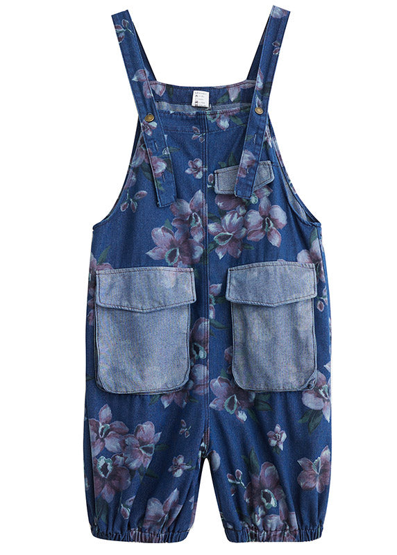 Modern Blue Slash Neck Print Patchwork Button Jumpsuits Summer