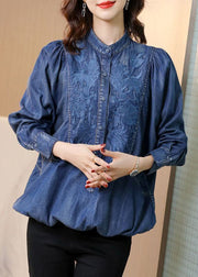 Modern Blue Stand Collar Embroideried Cotton Denim Coats Batwing Sleeve