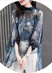 Modern Blue Stand Collar Print Asymmetrical Silk Shirt Long Sleeve