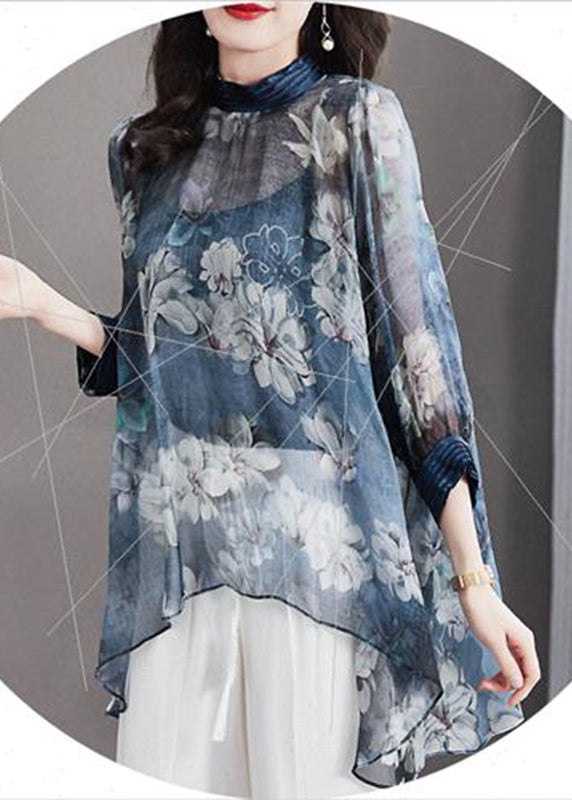 Modern Blue Stand Collar Print Asymmetrical Silk Shirt Long Sleeve