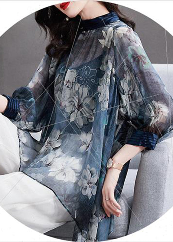 Modern Blue Stand Collar Print Asymmetrical Silk Shirt Long Sleeve