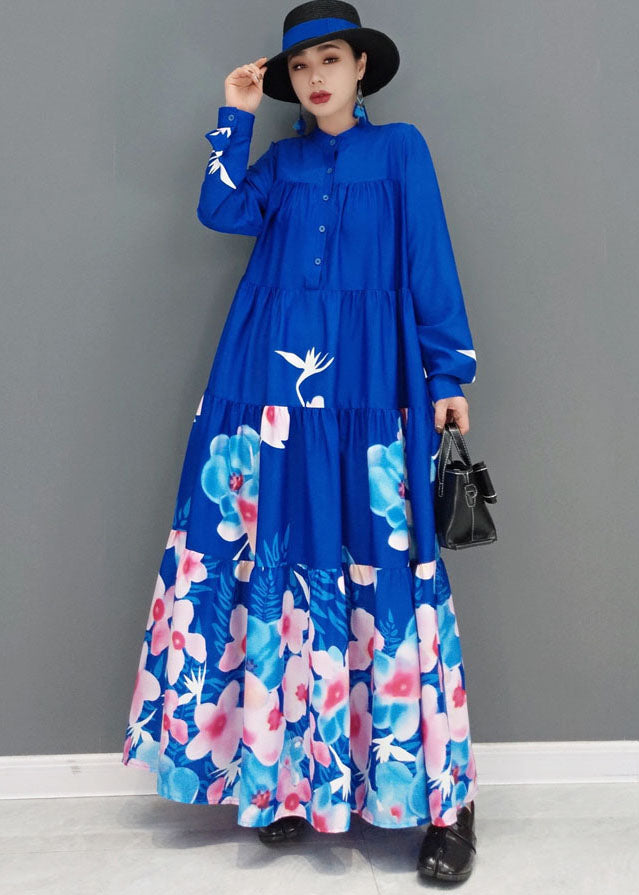 Modern Blue Stand Collar Print Exra Large Hem Cotton A Line Dress Long Sleeve