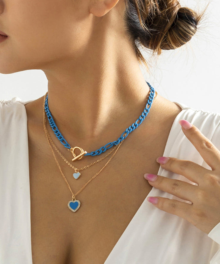 Modern Blue Sterling Silver Overgild Zircon Love Pendant Necklace