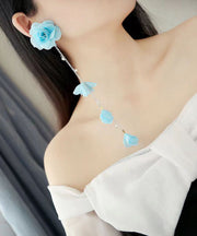 Modern Blue Sterling Sliver Floral Tassel Beach Drop Earrings