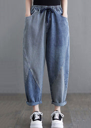 Modern Blue Striped Pockets Elastic Waist Denim Crop Pants Spring