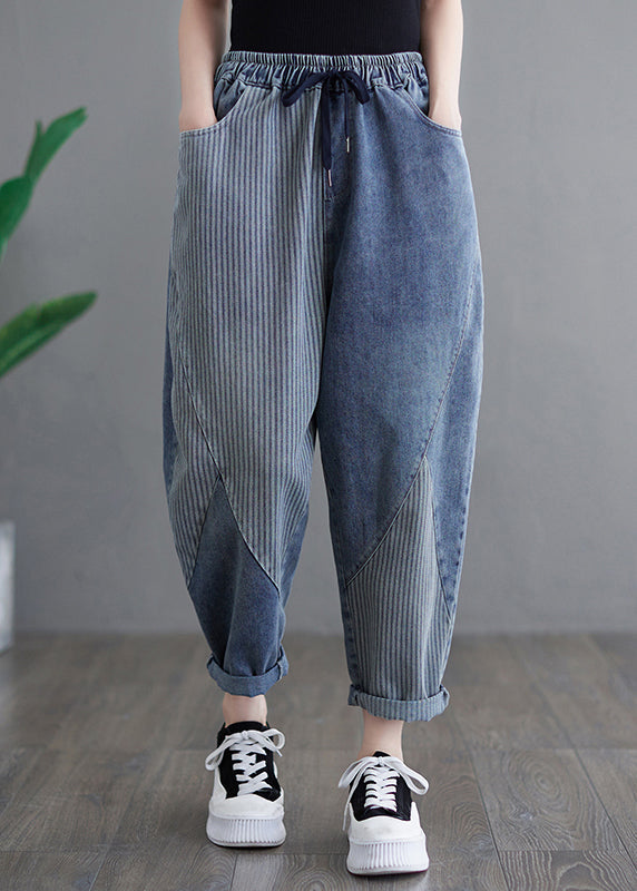 Modern Blue Striped Pockets Elastic Waist Denim Crop Pants Spring