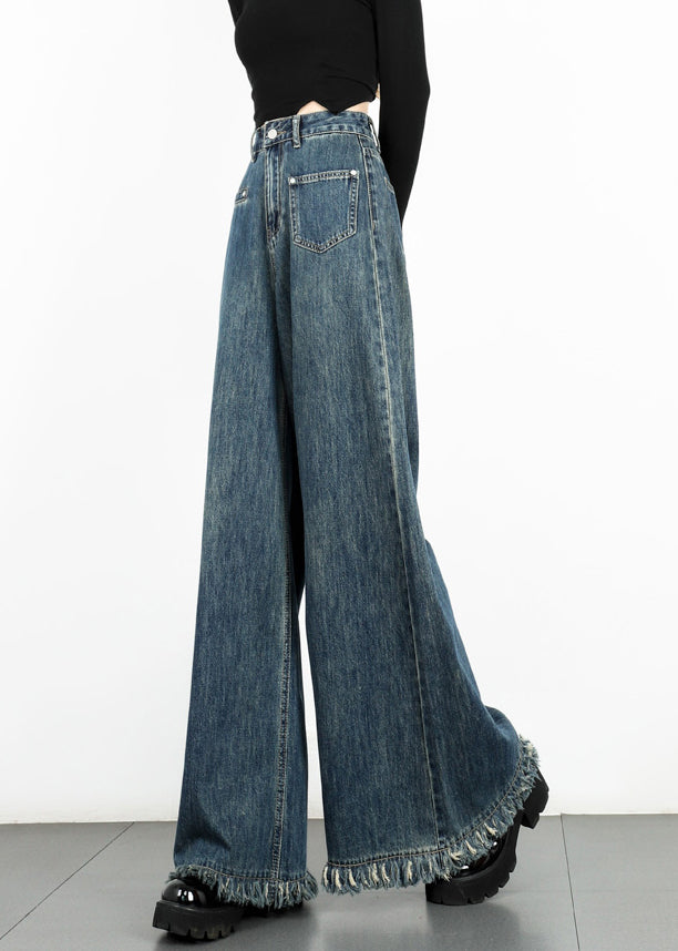 Modern Blue Tasseled High Waist Denim Wide Leg Pants Fall