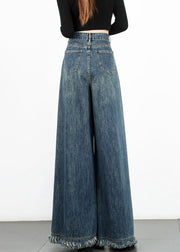 Modern Blue Tasseled High Waist Denim Wide Leg Pants Fall